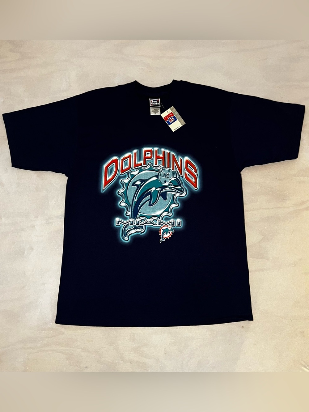 Vintage Miami Dolphins Shirt Pro Player NWT Large 90s NFL Graphic Tee Navy Blue